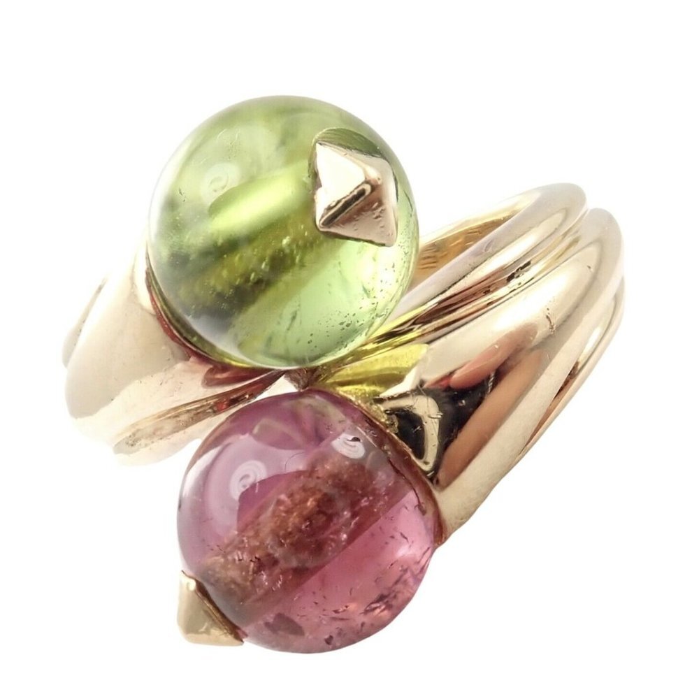 Vintage Bulgari Bvlgari 18k Yellow Gold Pink + Green Tourmaline Bypass Ring​